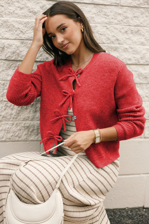 Ribbed Knit Bow Front Buttoned Cardigan